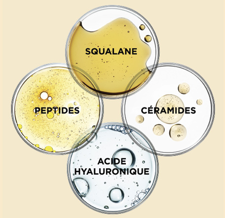 Céramides, peptides, acide hyaluronique, squalane